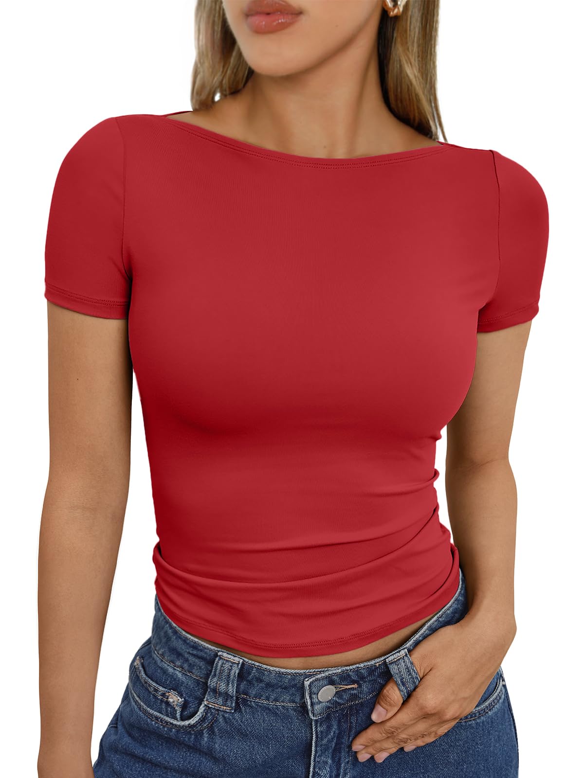 Trendy Queen Womens Boat Neck Tops Short Sleeve T-Shirts Slim Fitted Compression Summer Y2k Basic Clothes 2025