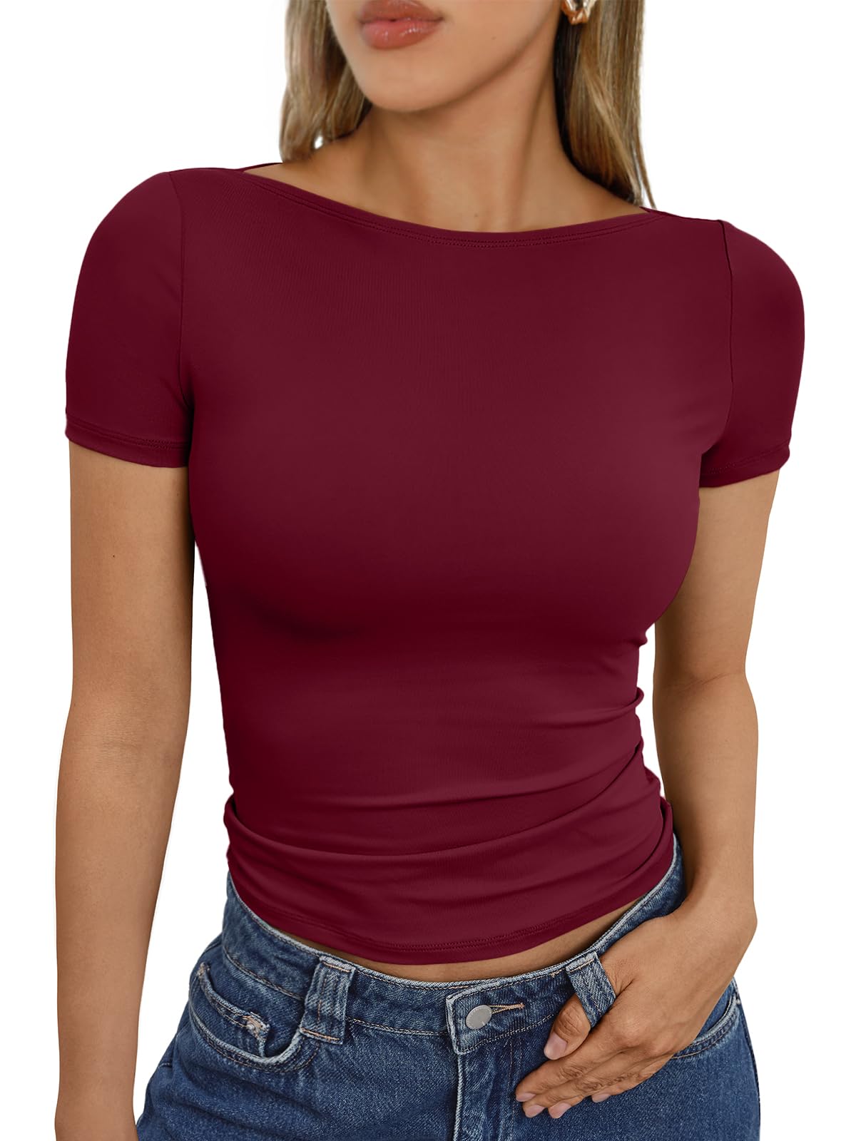 Trendy Queen Womens Boat Neck Tops Short Sleeve T-Shirts Slim Fitted Compression Summer Y2k Basic Clothes 2025