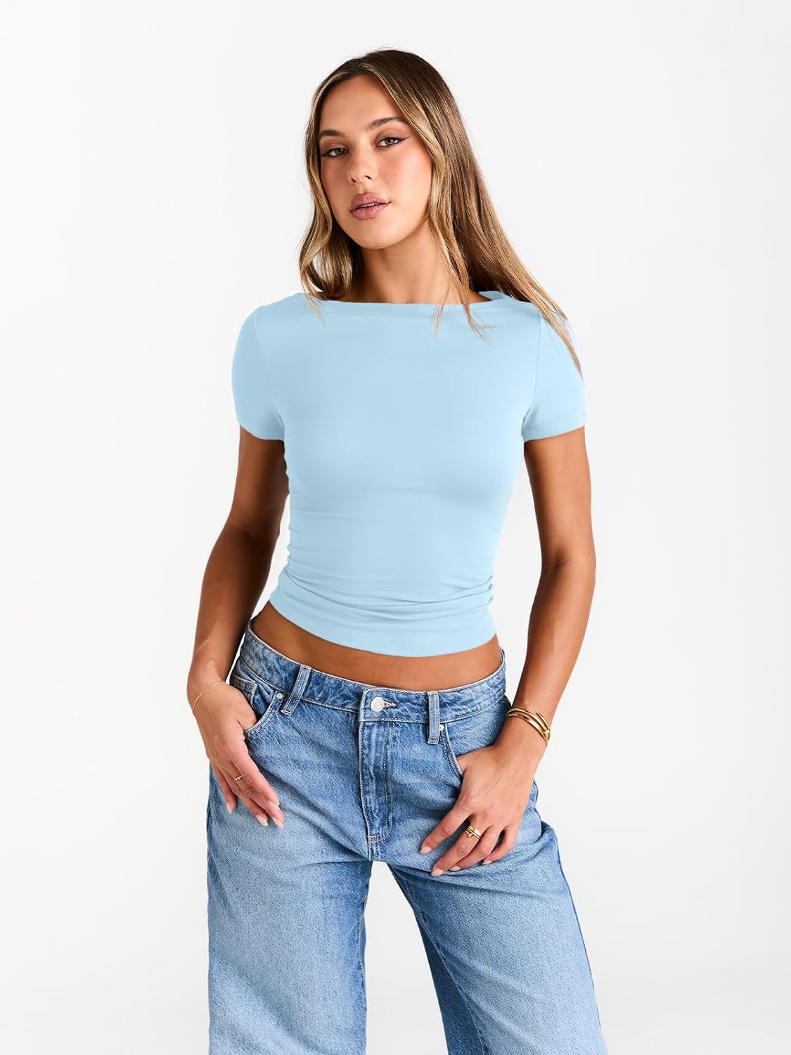 Trendy Queen Womens Boat Neck Tops Short Sleeve T-Shirts Slim Fitted Compression Summer Y2k Basic Clothes 2025