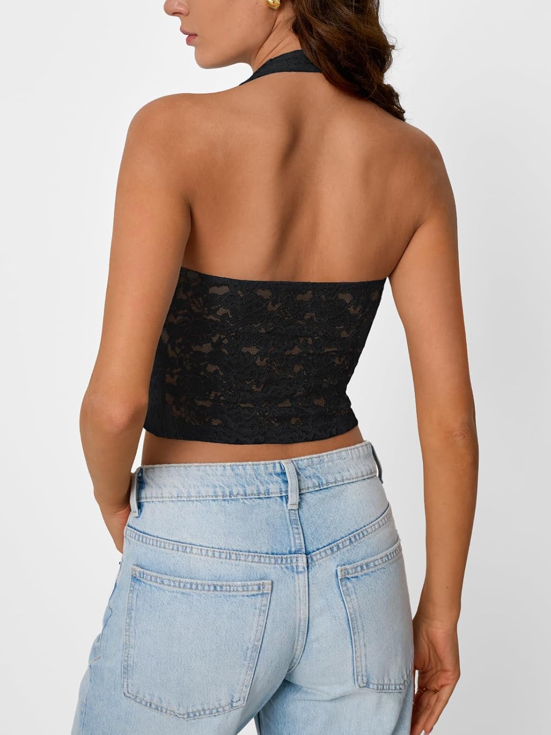 Trendy Queen Womens Going Out Tops Lace V-Neck Sleeveless Double Lined Halter Y2K Sexy Crop Fashion Tank Top 2025
