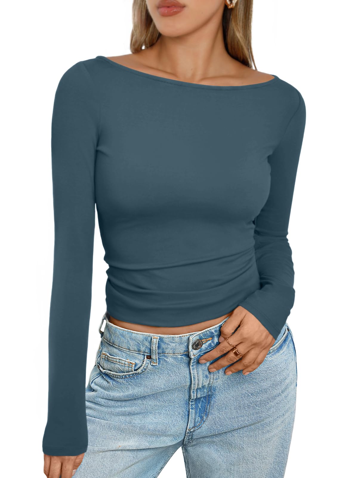 Trendy Queen Women's Boat Neck Tops Long Sleeve Shirts Casual Fitted Tee Shirts Solid Color Fall Basic Clothes