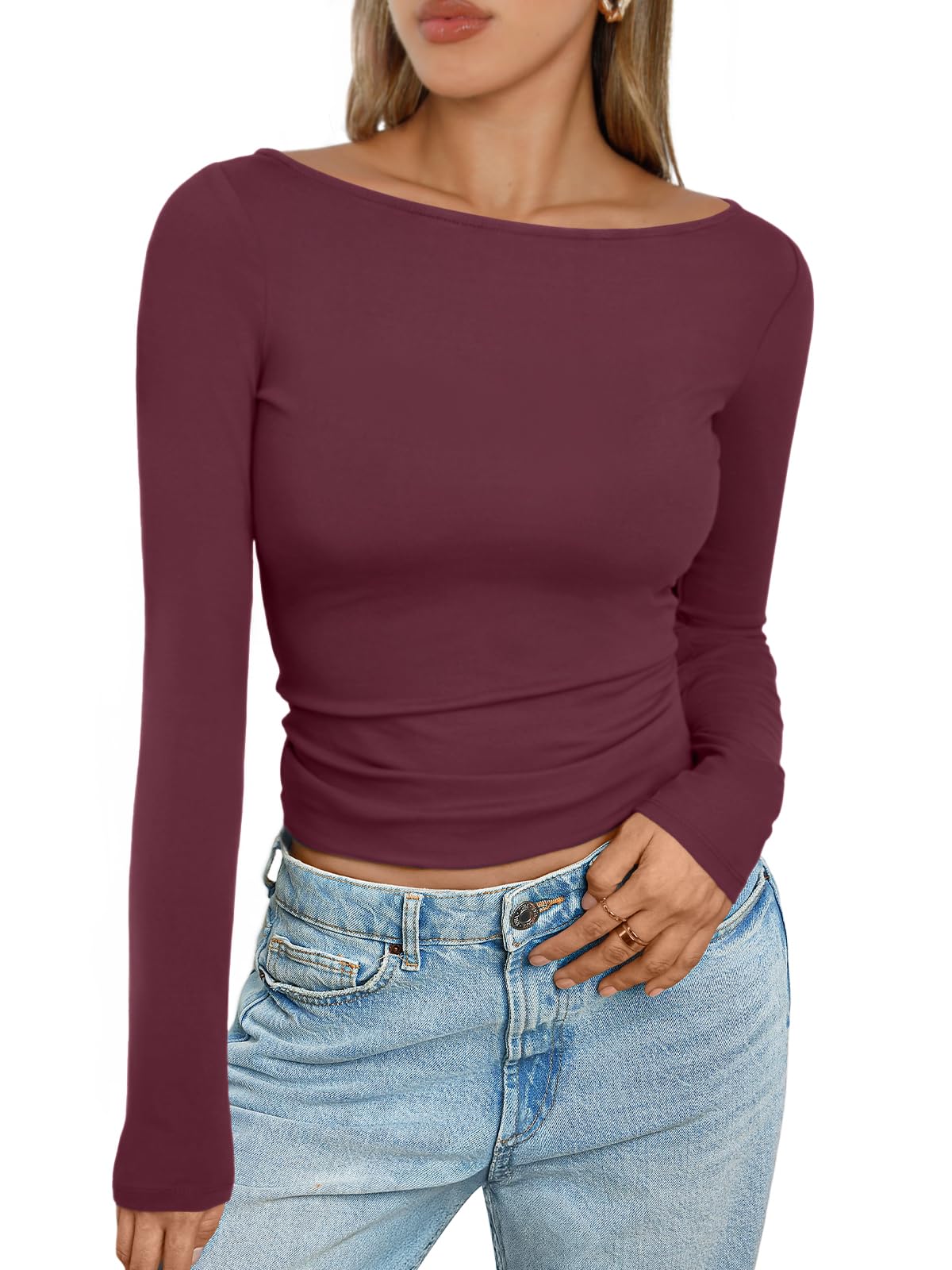 Trendy Queen Women's Boat Neck Tops Long Sleeve Shirts Casual Fitted Tee Shirts Solid Color Fall Basic Clothes