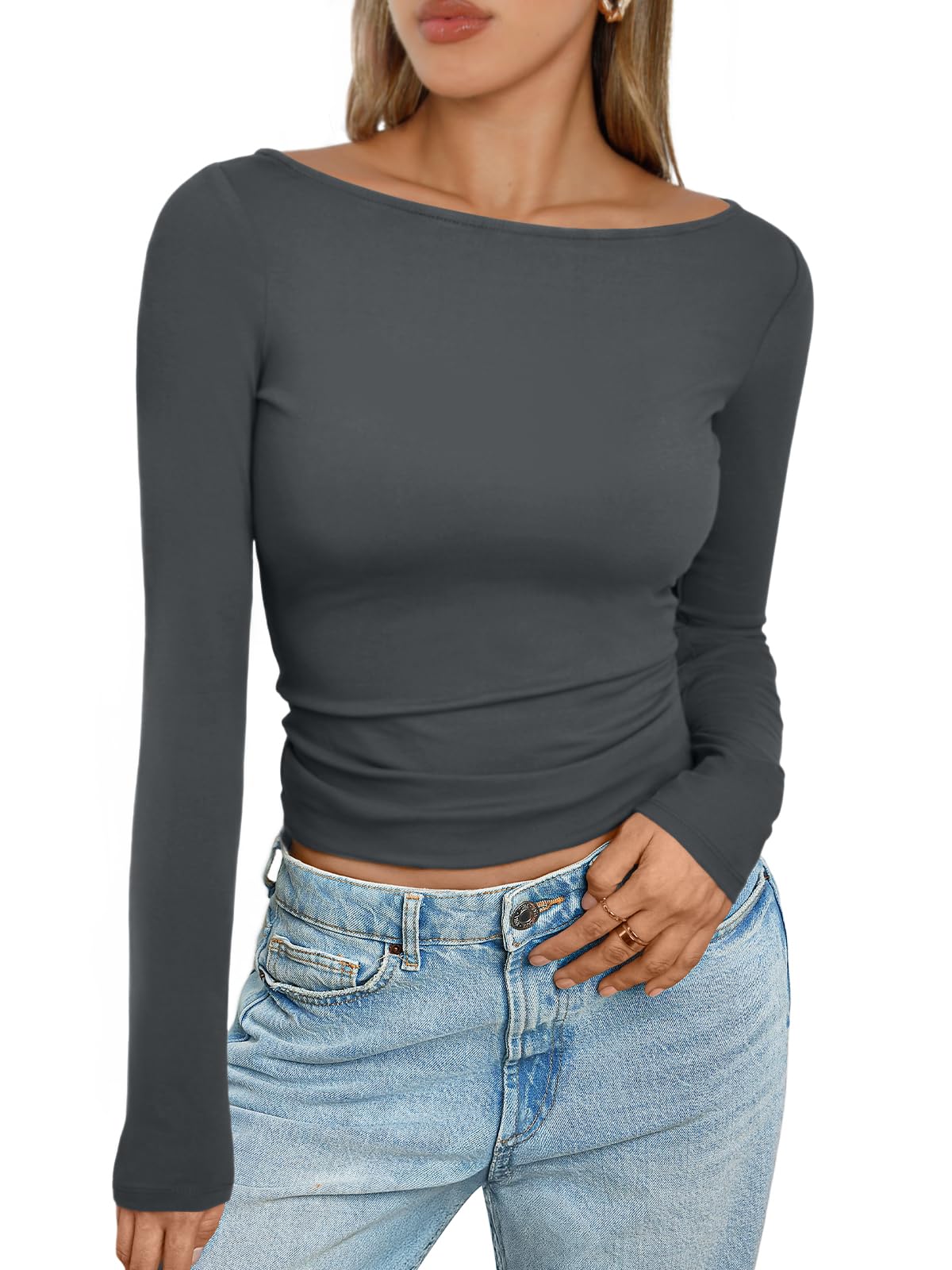 Trendy Queen Women's Boat Neck Tops Long Sleeve Shirts Casual Fitted Tee Shirts Solid Color Fall Basic Clothes
