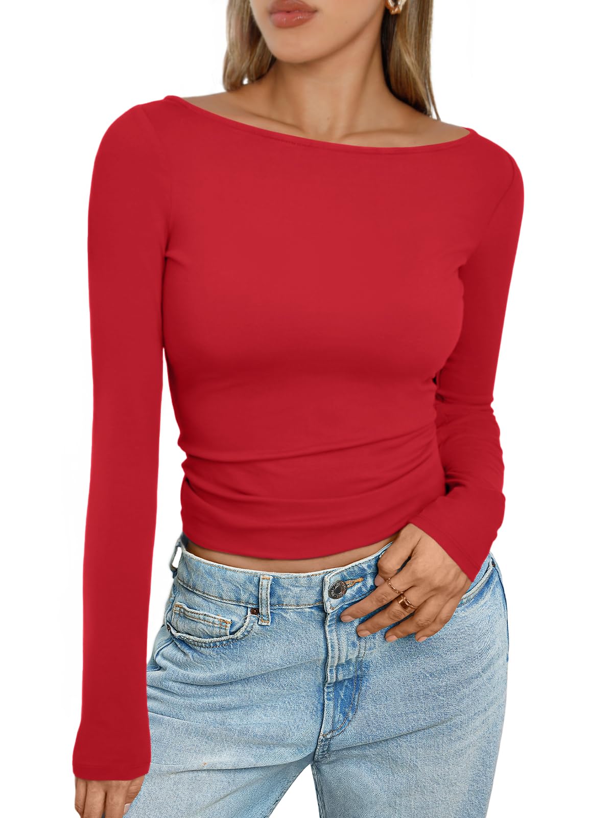 Trendy Queen Women's Boat Neck Tops Long Sleeve Shirts Casual Fitted Tee Shirts Solid Color Fall Basic Clothes