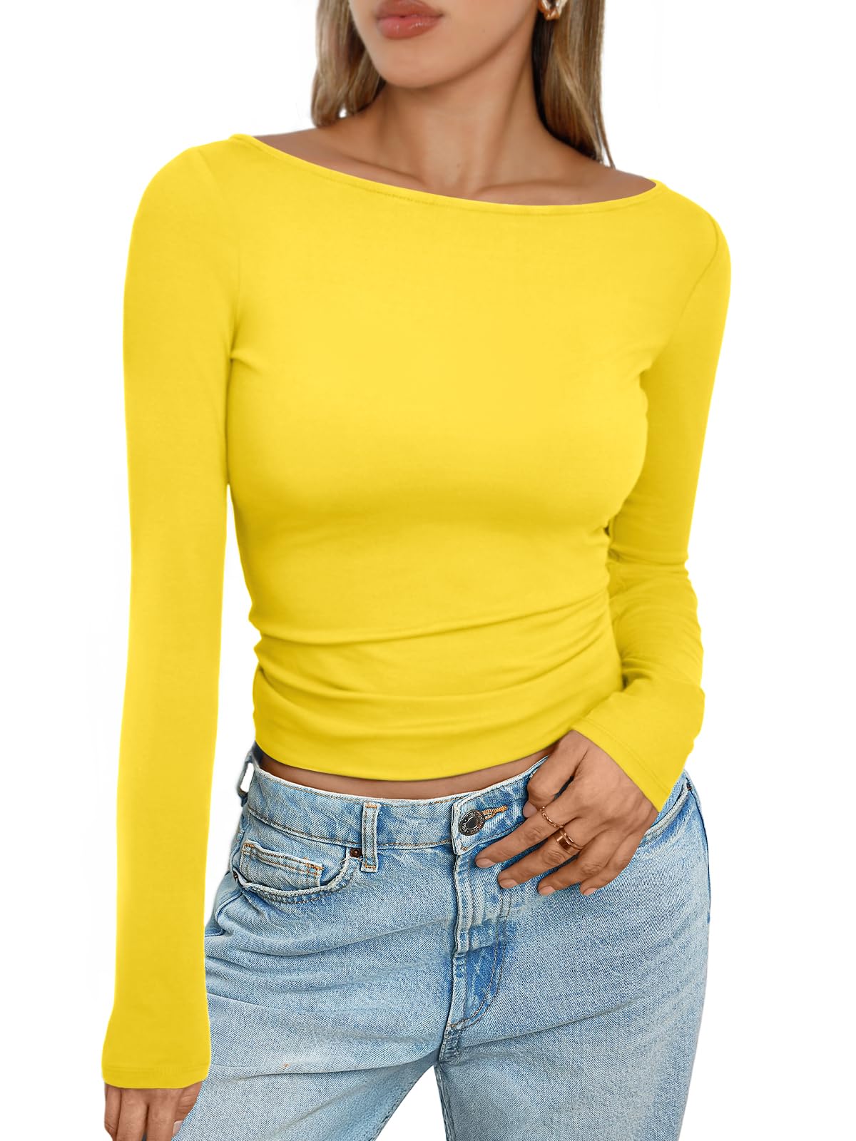 Trendy Queen Women's Boat Neck Tops Long Sleeve Shirts Casual Fitted Tee Shirts Solid Color Fall Basic Clothes