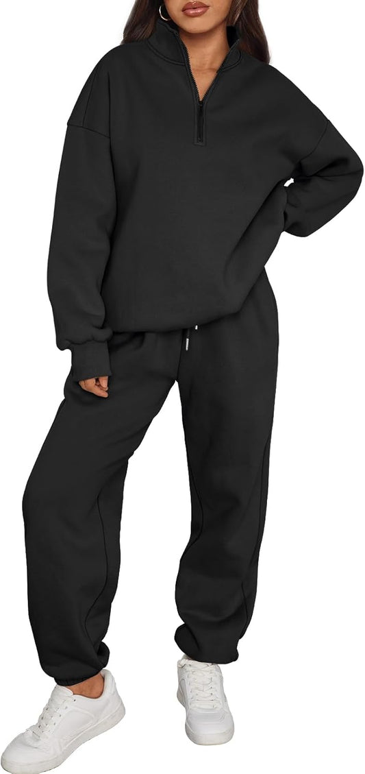 Trendy Queen Womens 2 Piece Outfits Long Sleeve Sweatsuits Half Zip Sweatshirts with Fleece Joggers Sweatpants