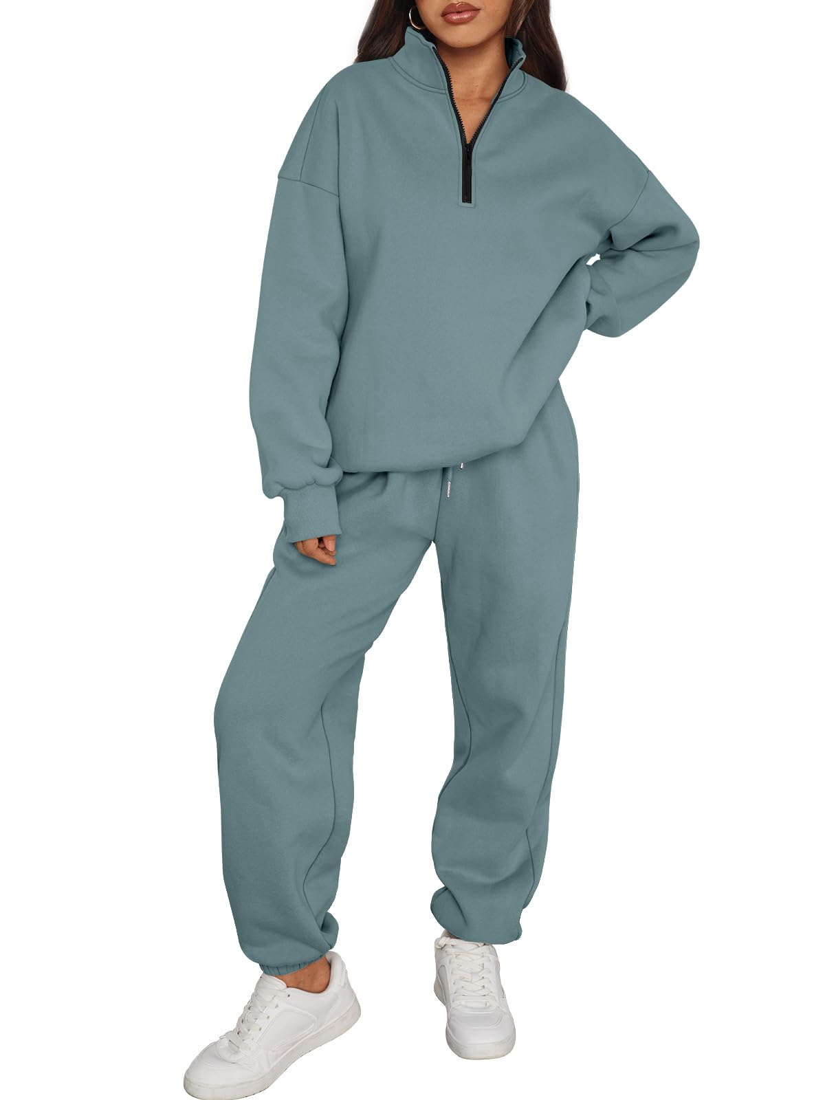 Trendy Queen Womens 2 Piece Outfits Long Sleeve Sweatsuits Half Zip Sweatshirts with Fleece Joggers Sweatpants