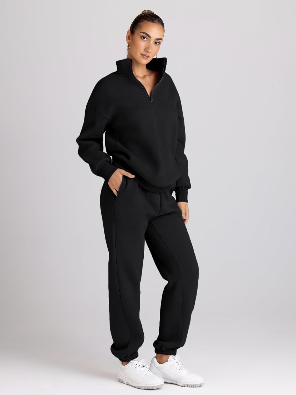 Trendy Queen Womens 2 Piece Outfits Long Sleeve Sweatsuits Half Zip Sweatshirts with Fleece Joggers Sweatpants