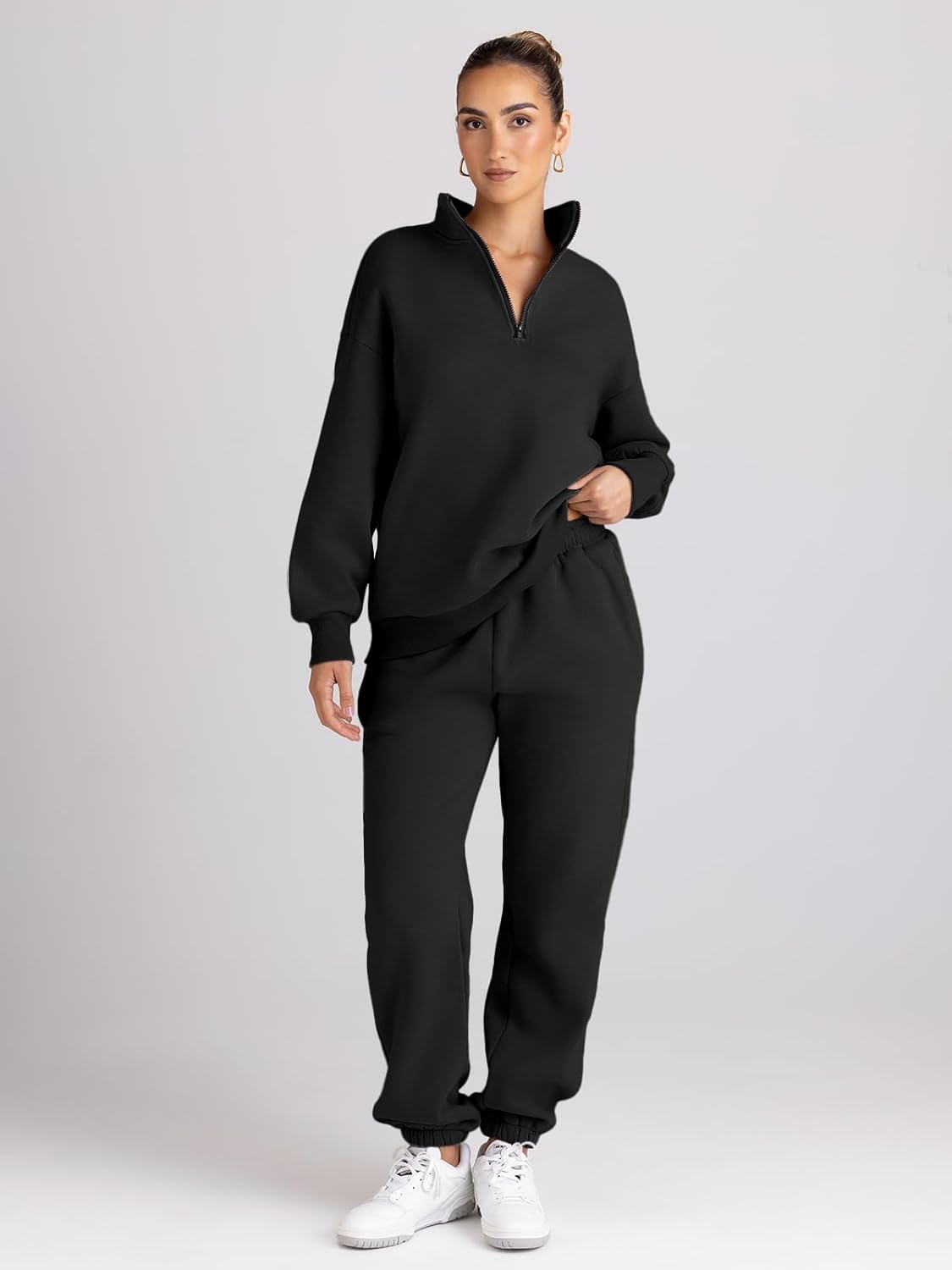 Trendy Queen Womens 2 Piece Outfits Long Sleeve Sweatsuits Half Zip Sweatshirts with Fleece Joggers Sweatpants