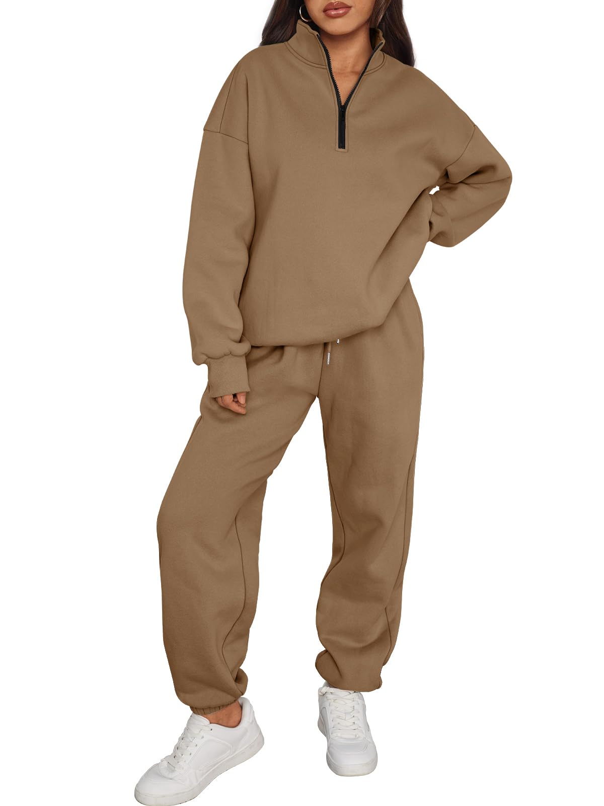 Trendy Queen Womens 2 Piece Outfits Long Sleeve Sweatsuits Half Zip Sweatshirts with Fleece Joggers Sweatpants