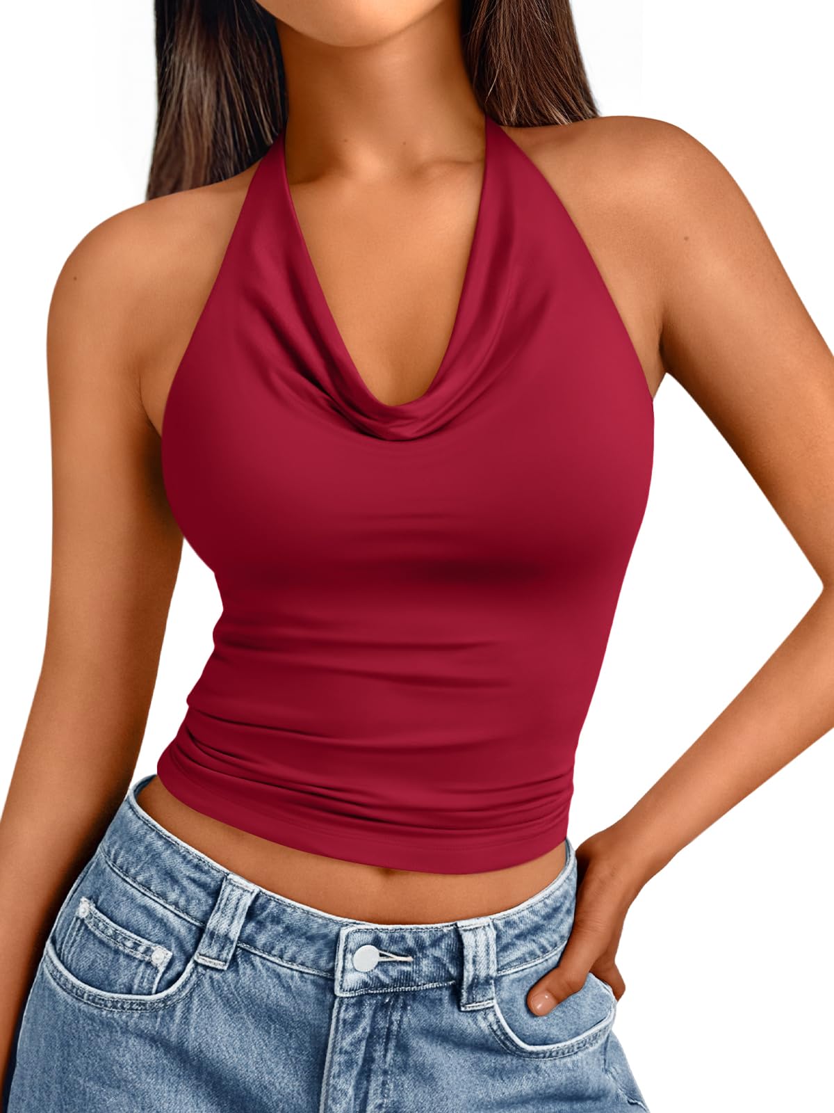 Trendy Queen Summer Tops for Women 2025 Going Out Cute y2k Shirts Halter Cowl Neck Backless Basic Vacation Outfits Clothes