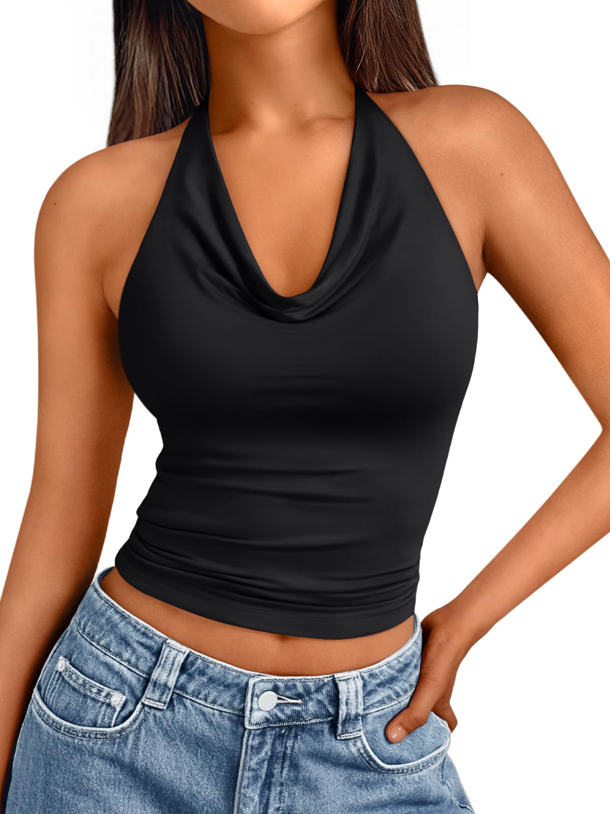 Trendy Queen Summer Tops for Women 2025 Going Out Cute y2k Shirts Halter Cowl Neck Backless Basic Vacation Outfits Clothes