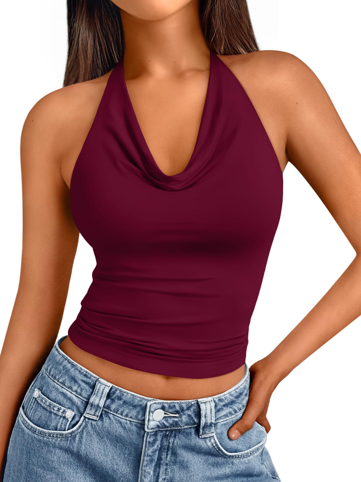 Trendy Queen Summer Tops for Women 2025 Going Out Cute y2k Shirts Halter Cowl Neck Backless Basic Vacation Outfits Clothes