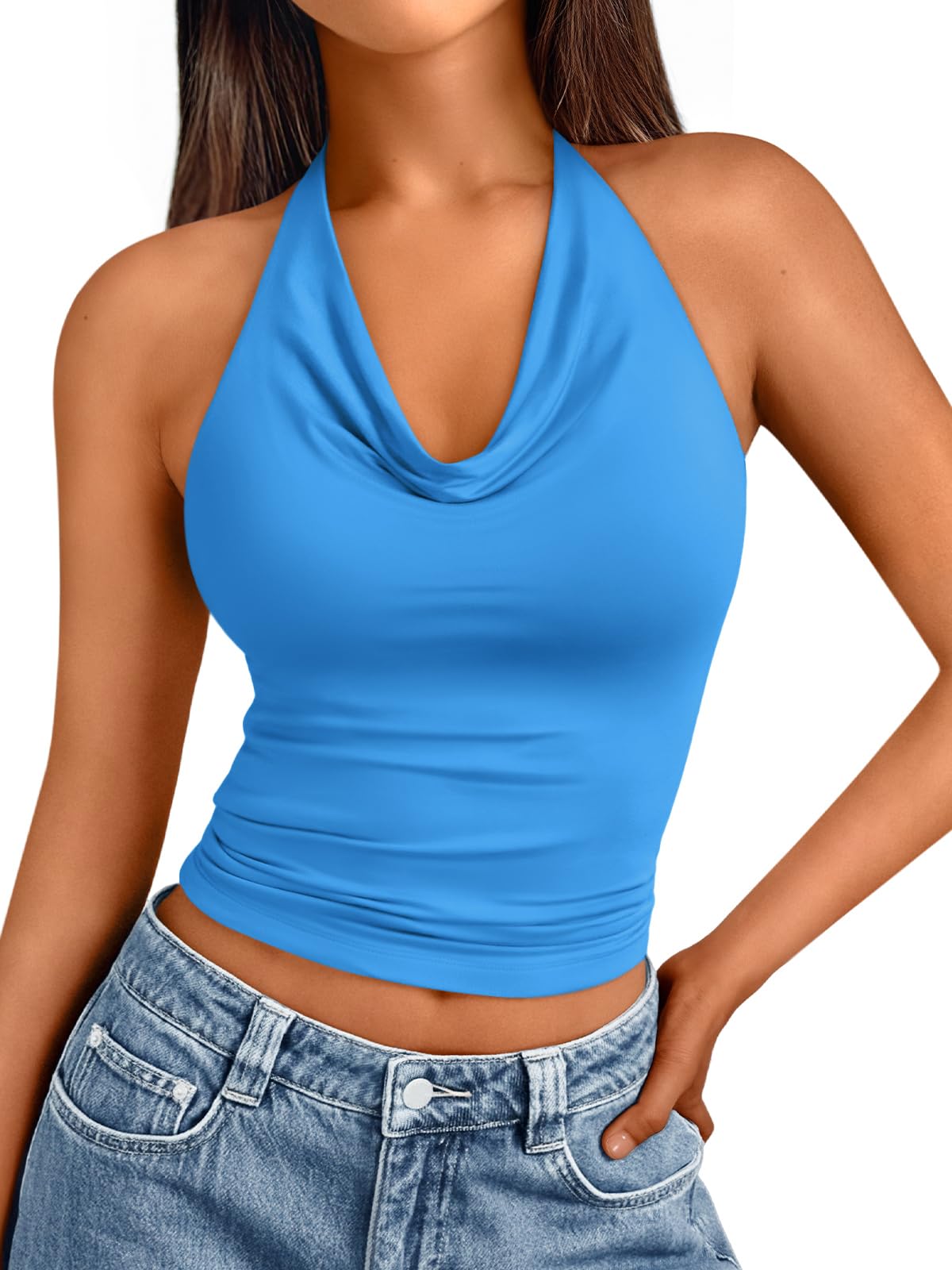Trendy Queen Summer Tops for Women 2025 Going Out Cute y2k Shirts Halter Cowl Neck Backless Basic Vacation Outfits Clothes