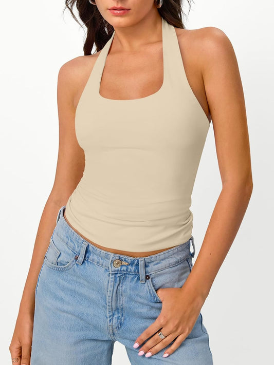 Trendy Queen Halter Tops for Women 2025 Summer Going Out Tops Backless Crop Sleeveless Workout Shirts Cute Y2k Clothes