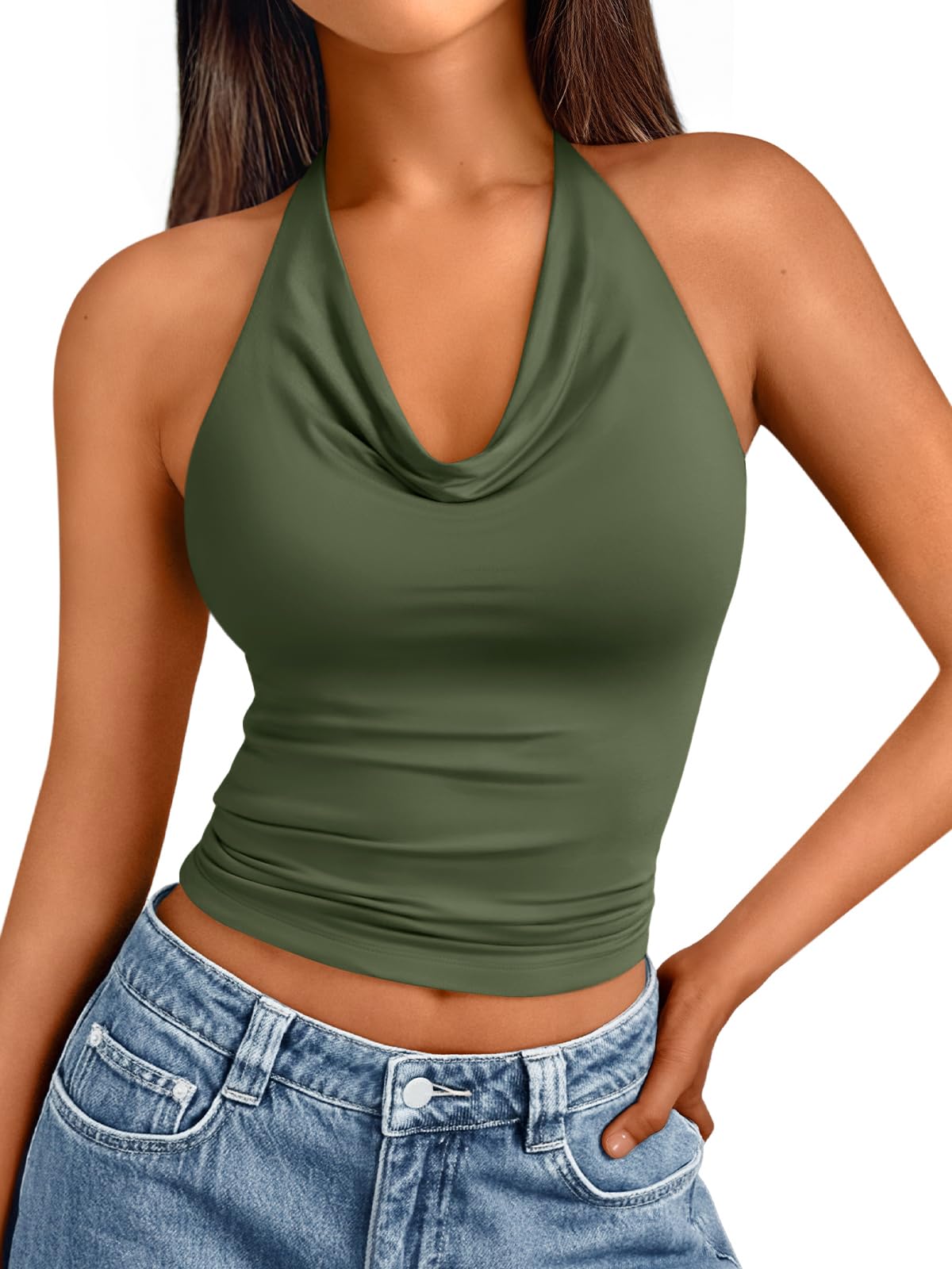 Trendy Queen Summer Tops for Women 2025 Going Out Cute y2k Shirts Halter Cowl Neck Backless Basic Vacation Outfits Clothes